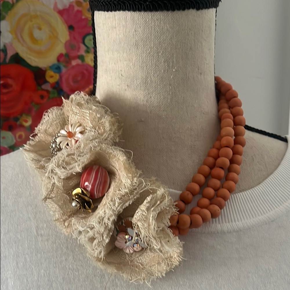 Anthropologie Beige and Orange Floral Necklace